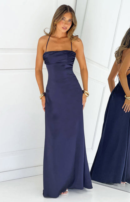Vestido largo de satén azul marino Blaise
