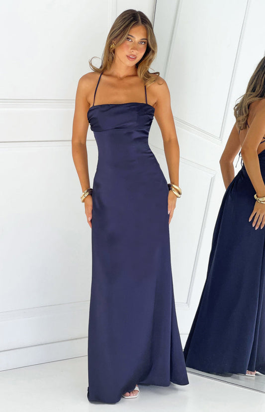Vestido largo de satén azul marino Blaise
