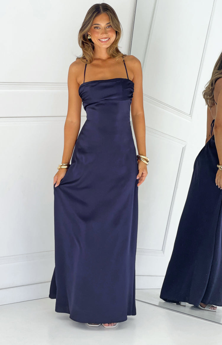 Vestido largo de satén azul marino Blaise