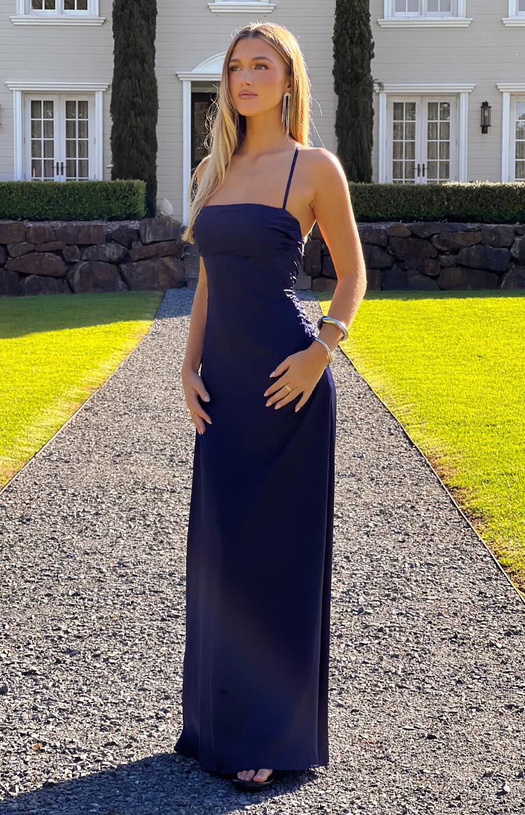 Vestido largo de satén azul marino Blaise