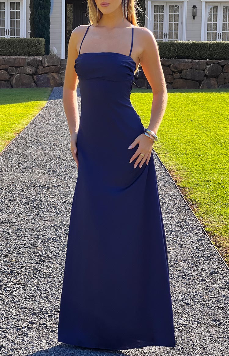 Vestido largo de satén azul marino Blaise
