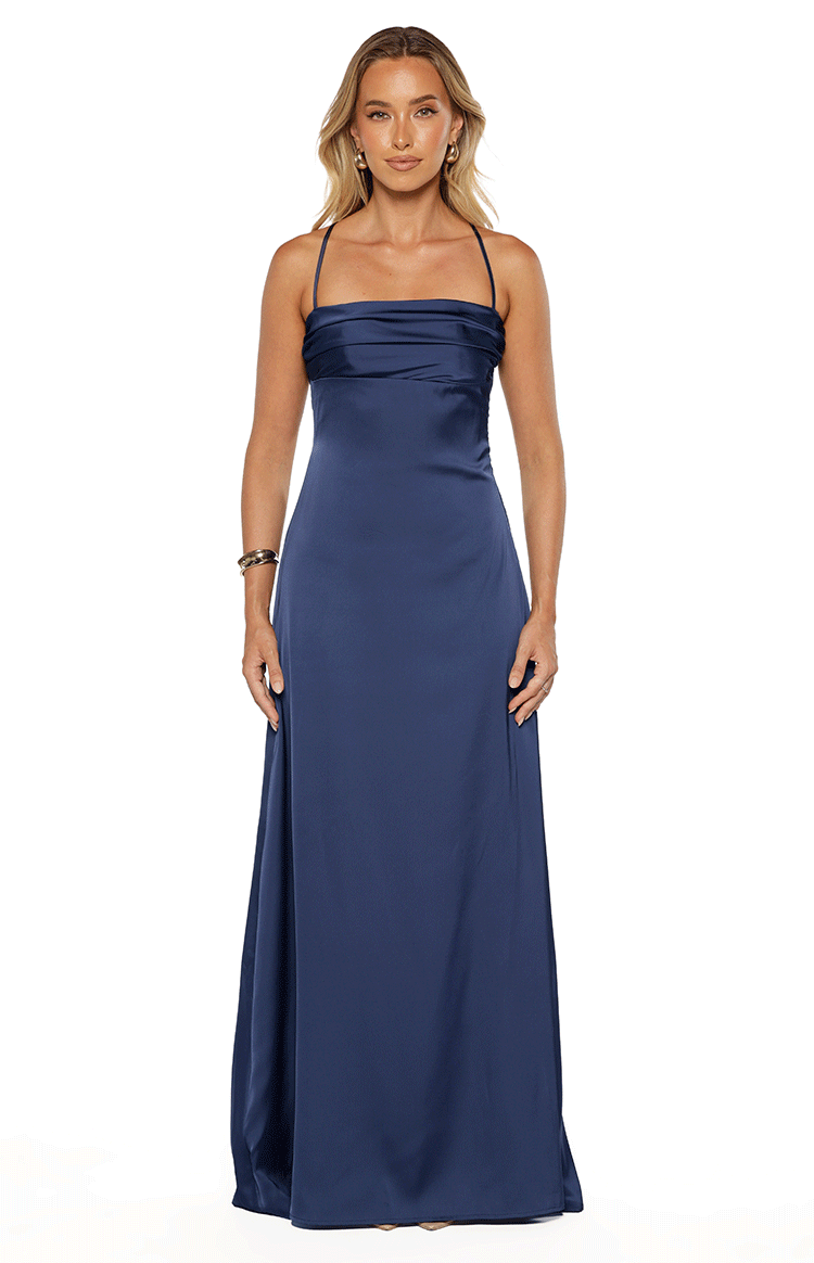 Vestido largo de satén azul marino Blaise