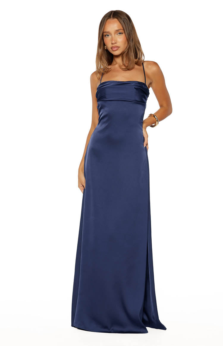 Vestido largo de satén azul marino Blaise