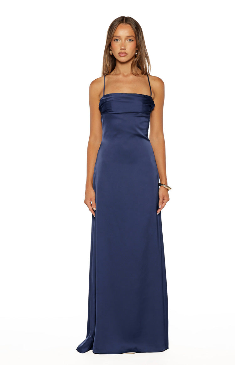 Vestido largo de satén azul marino Blaise
