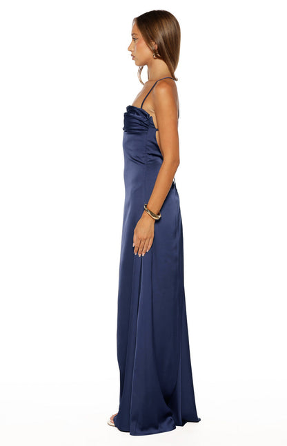 Vestido largo de satén azul marino Blaise