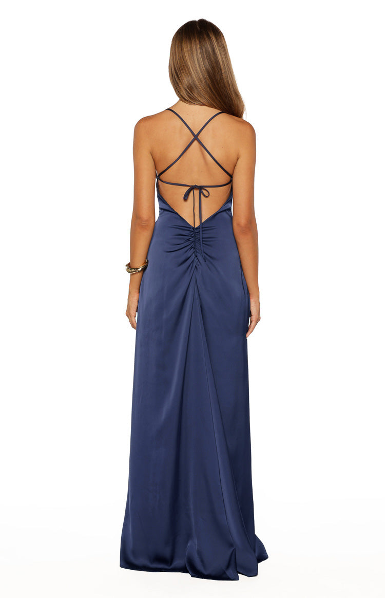 Vestido largo de satén azul marino Blaise