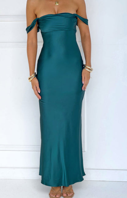 Vestido largo formal formal con hombros descubiertos en color verde azulado Ella