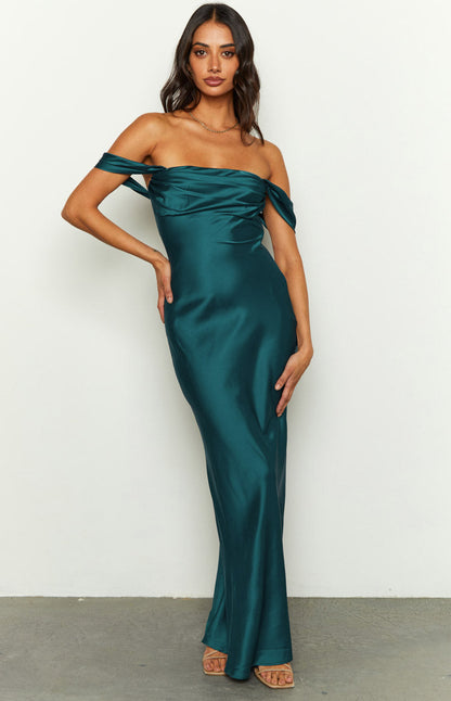 Vestido largo formal formal con hombros descubiertos en color verde azulado Ella