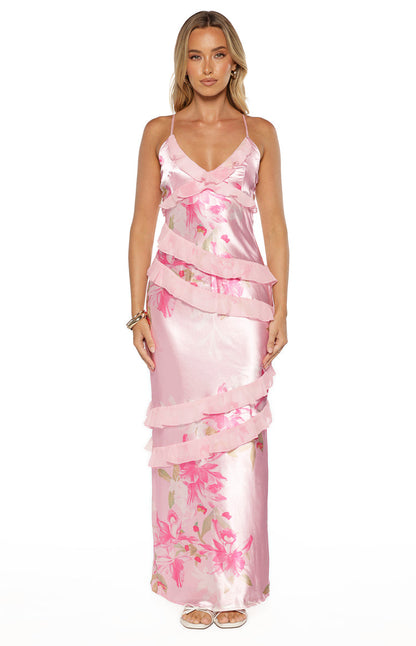Vestido largo rosa con volantes y estampado floral de Inara