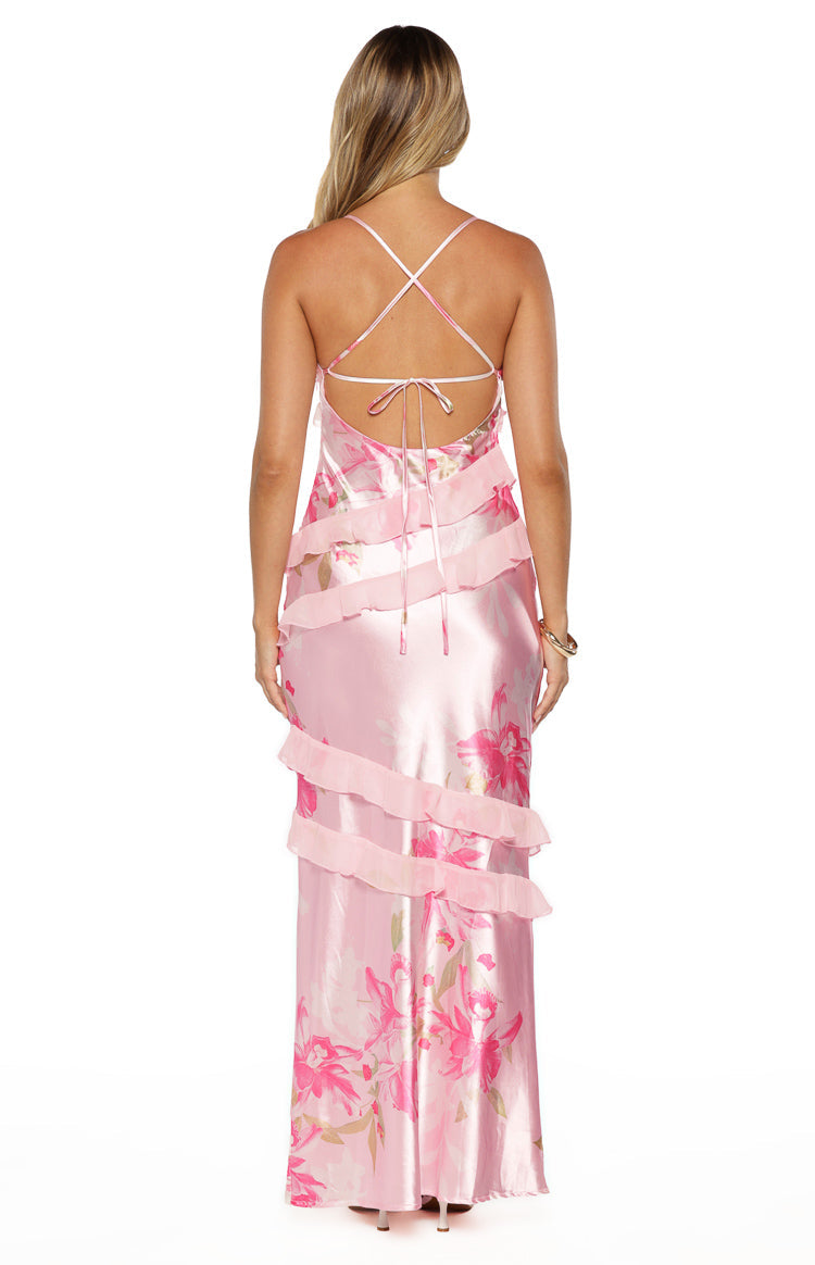 Vestido largo rosa con volantes y estampado floral de Inara