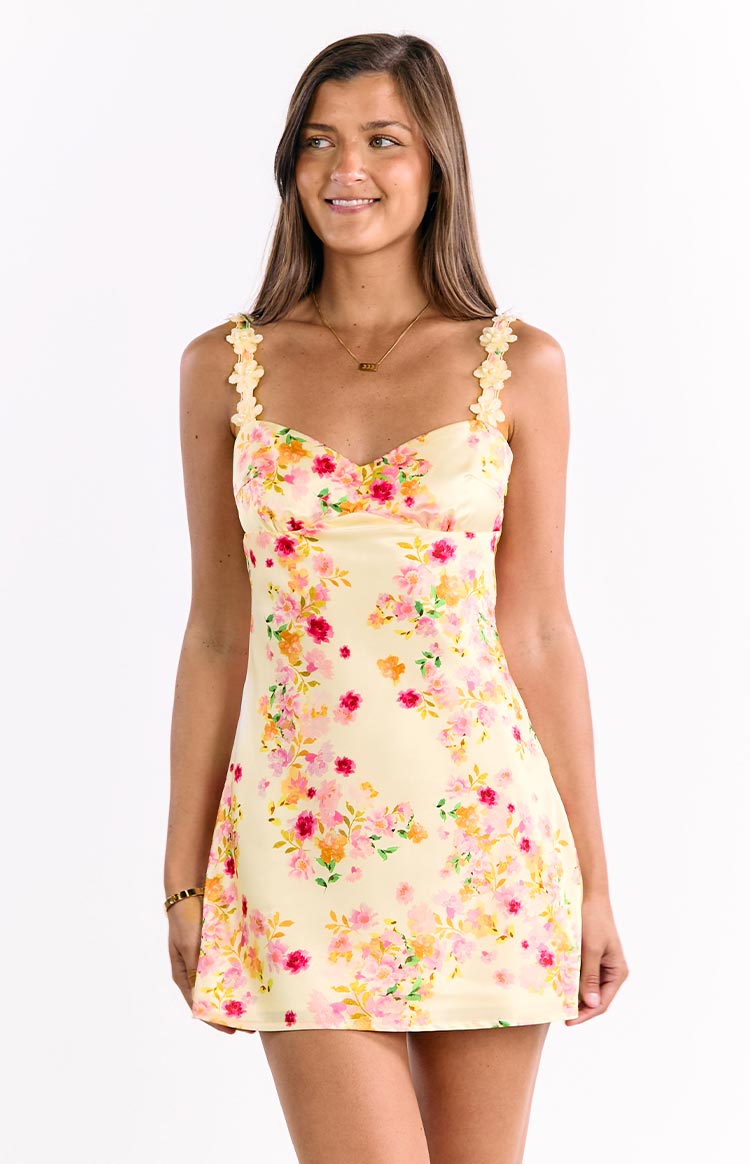 Minivestido de satén amarillo florido Marbelle