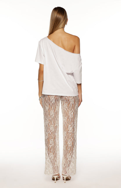 Pantalones transparentes de encaje con lentejuelas blancas Dani